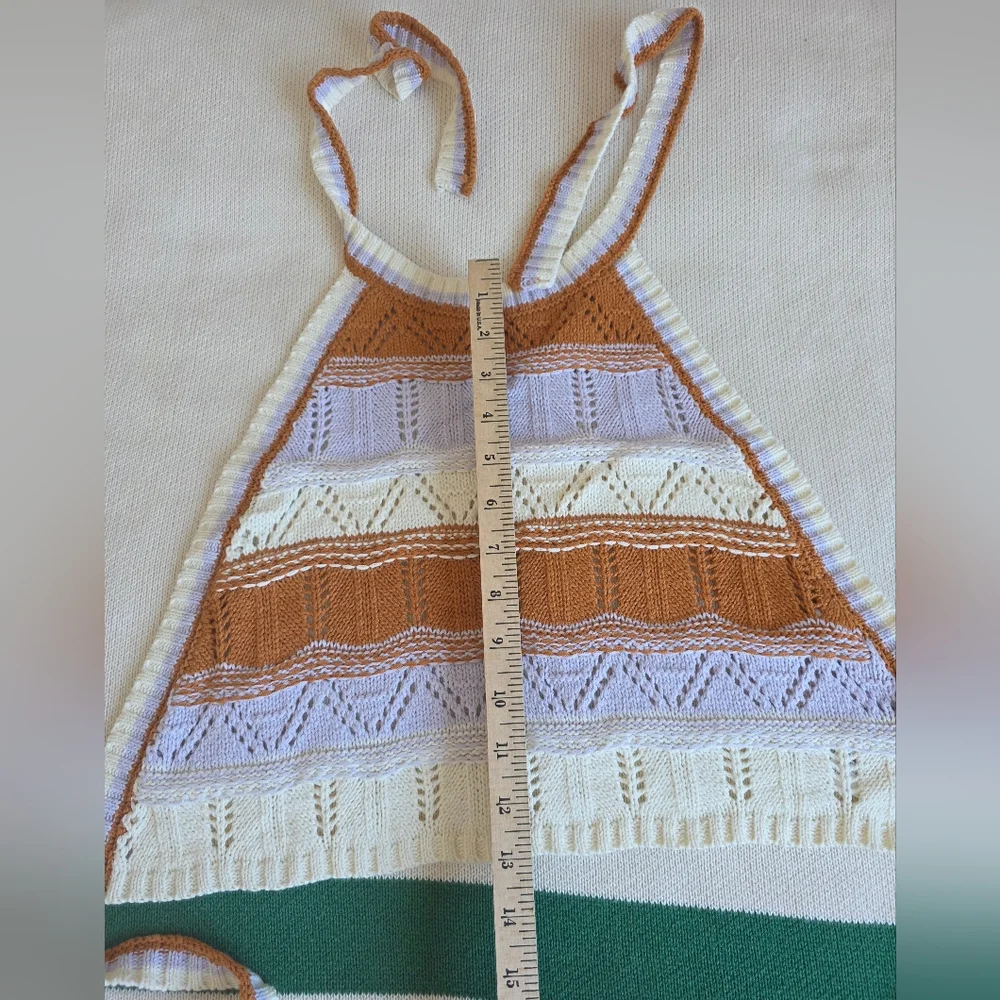 Sisstrevolution knit Back Tie Striped Pointelle Crochet Halter Crop Top S M NEW - Picture 7 of 8